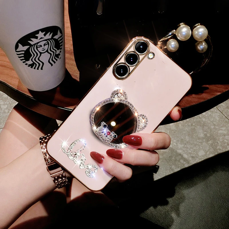 Kawaii Mirror Bear Bracelet Plating Case For Samsung S24 S23 S22 S21 Ultra Plus S20FE A54 A34 A14 A53 A52 A50 A73 A72_voghion.com