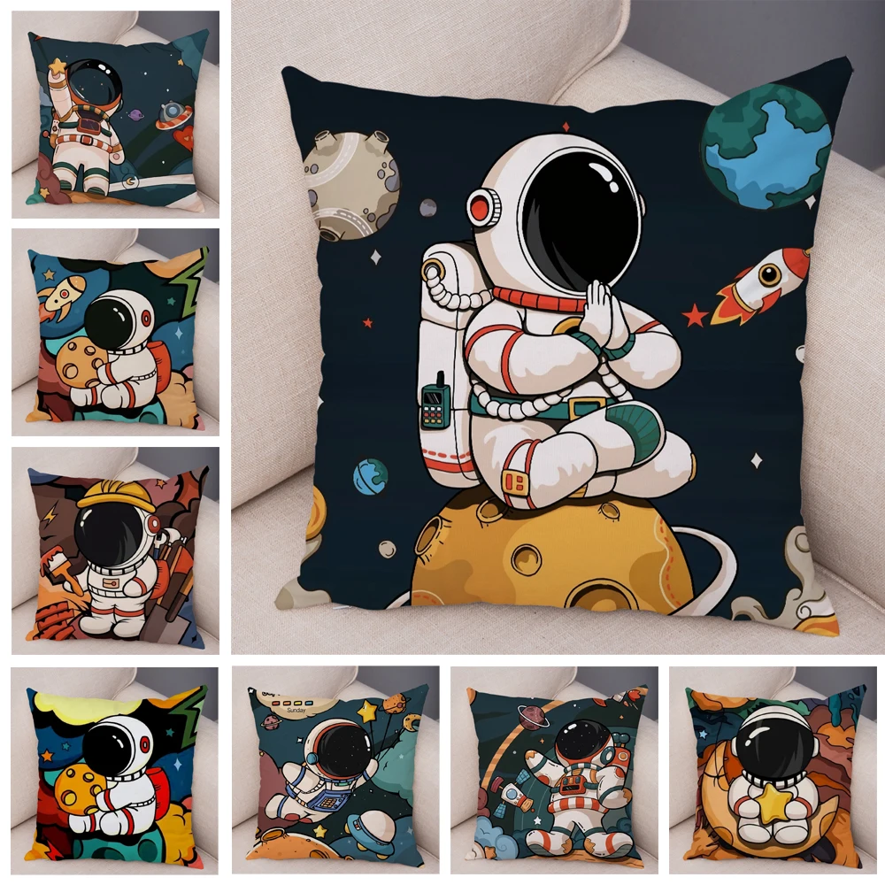 Cartoon Astronauts Cushion Cover Soft Plsuh Decor Cosmic Sky Pillowcase for Sofa Home Car Double Print Pillow Case Children Room