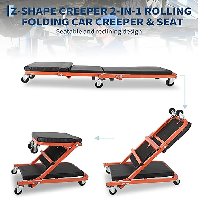 2-in-1 Foldable Garage Creeper Shop Seat, 300LBS Capacity Automotive Mechanic Repair Under Car Rolling Creeper Seat