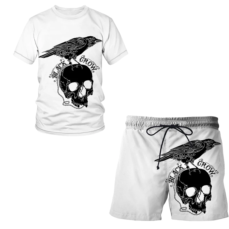 

2022 Summer Men T-shirt Set 3d Skeleton crow Short Sleeve and Sport Pants 2 Pieces Fitness Casual Clothes Work Out Running Suit