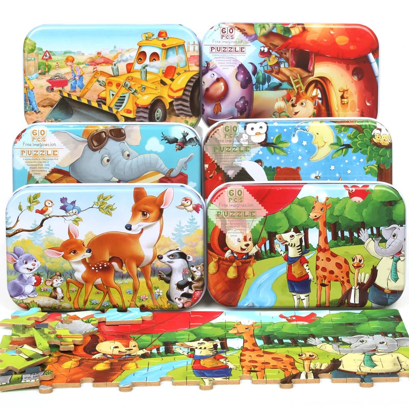 Cartoon Girl Boy Children Toddler Wooden Game Puzzle Paper Puzzle Iron Box 60 Metal Tin Box Children's Toy Holiday Gift