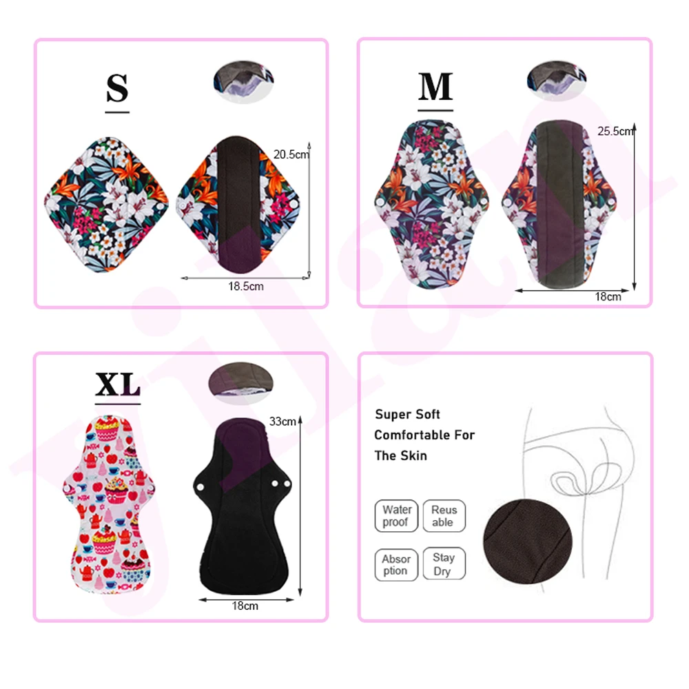 5PCS Reusable Menstrual Pads Heavy Flow Women Menstrual Period Washable Sanitary Napkin Organic Bamboo Charcoal Cloth Pad 6