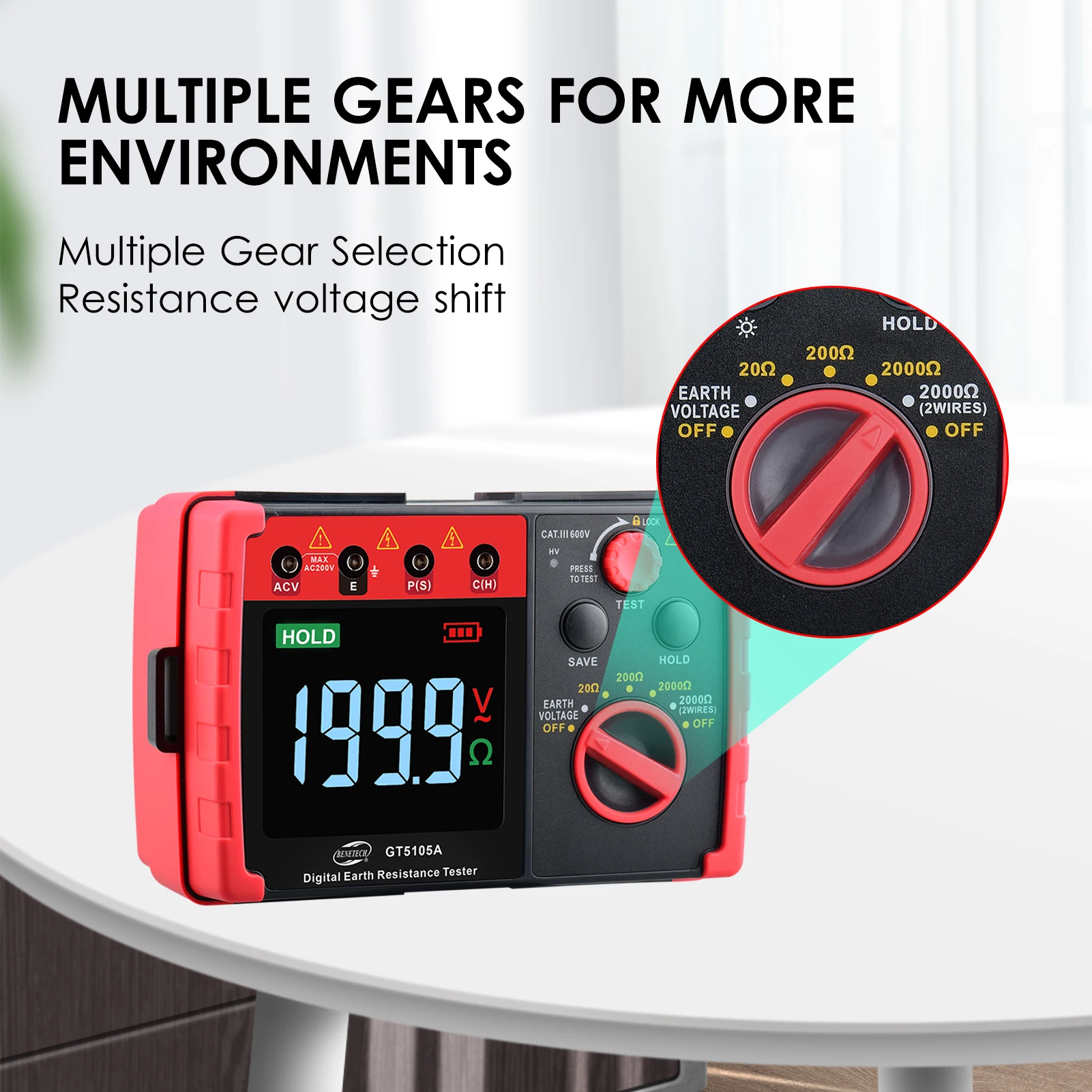 BENETECH 디지털 접지 저항 테스터, 배터리 감지, 2000Ω Megohm 계량기 Megohmmeter 전압계, GT5105A