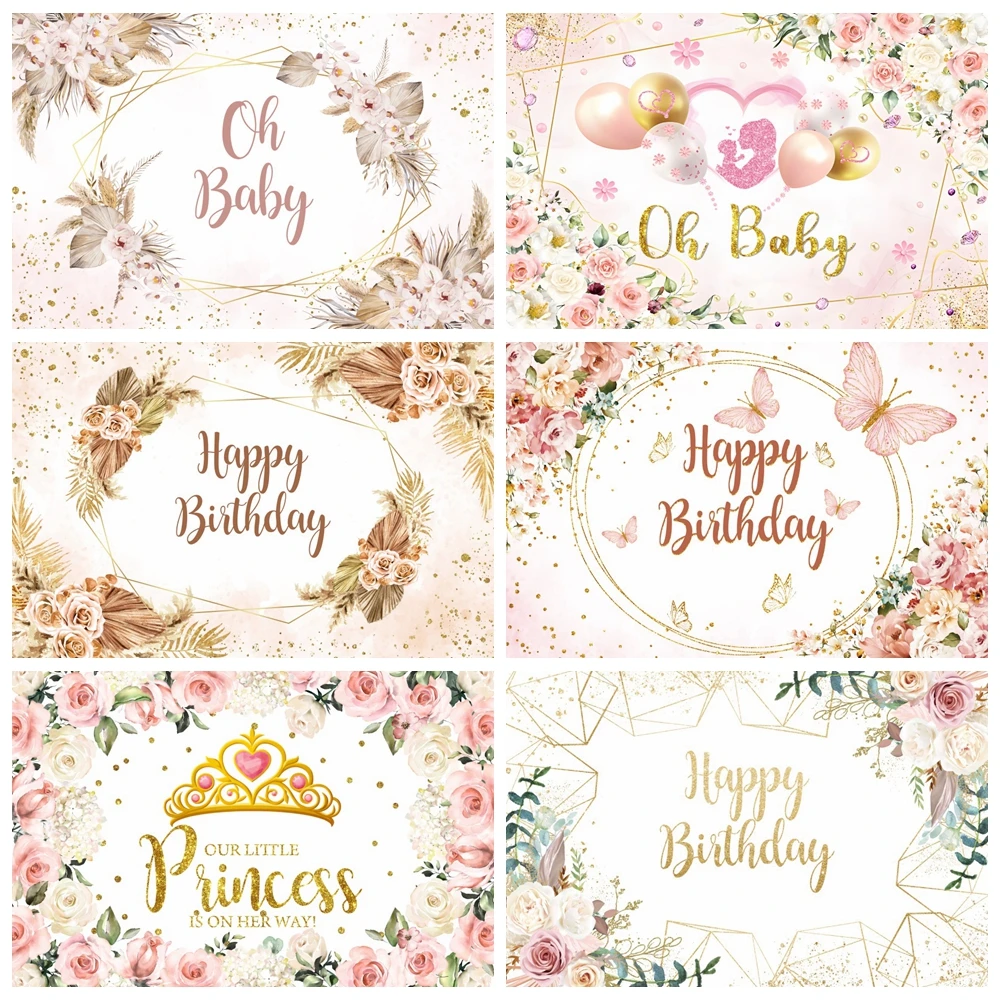 

Oh Baby Shower Birthday Photography Backdrop Boho Style Flower Green Leaf Butterfly Boys Girls Party Background Photo Studio
