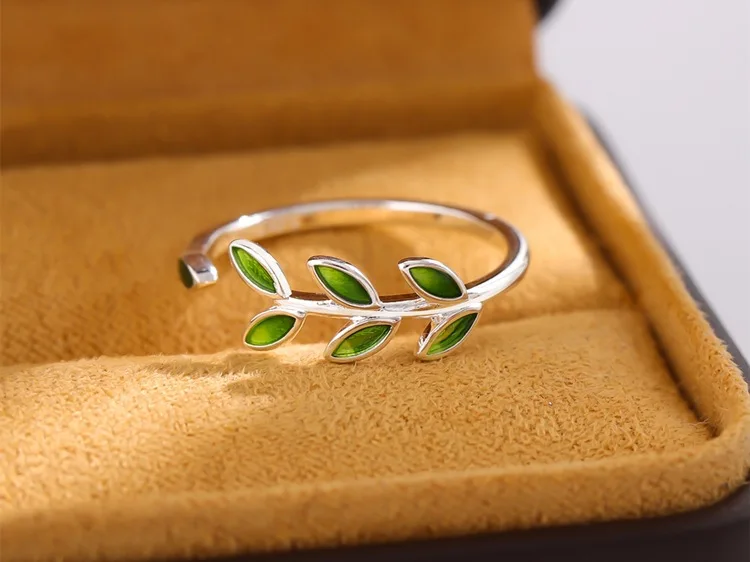 Neue Ankunft Exquisite Green Leaf Epoxy Mode 925 Sterling Silber Schmuck Atmosphäre Kreative Blätter Öffnung Ringe R128 – Detail 4
