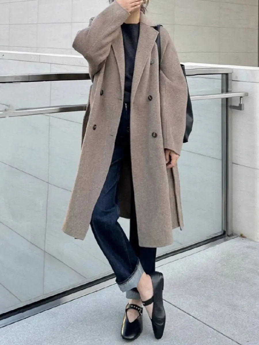 

Women Coat Notched Double Breasted Long Sleeve Loose Warm Autumn Wool Blends Mid-Length Jacket with Belt