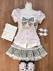 Japanese Sweet Preppy Style Skirt Set Women Kawaii Lace Patchwork Bow Tops + Y2k Plaid Mini Skirt Elegant Outifits 2 Piece Set 1