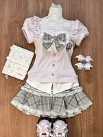 Japanese Sweet Preppy Style Skirt Set Women Kawaii Lace Patchwork Bow Tops + Y2k Plaid Mini Skirt Elegant Outifits 2 Piece Set 1