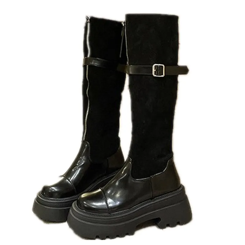 2024 Autumn Winter New Color But Knee Slim High Platform Knight Female Boots Fashion Retro Front Zipper Thigh-high Boots Fashion