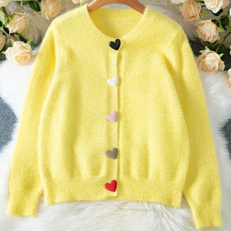 Femmes flou jaune Cardigan coloré coeur boutons à manches longues décontracté automne hiver pull hauts tricot pull 2025 tricots tenues – Image 5