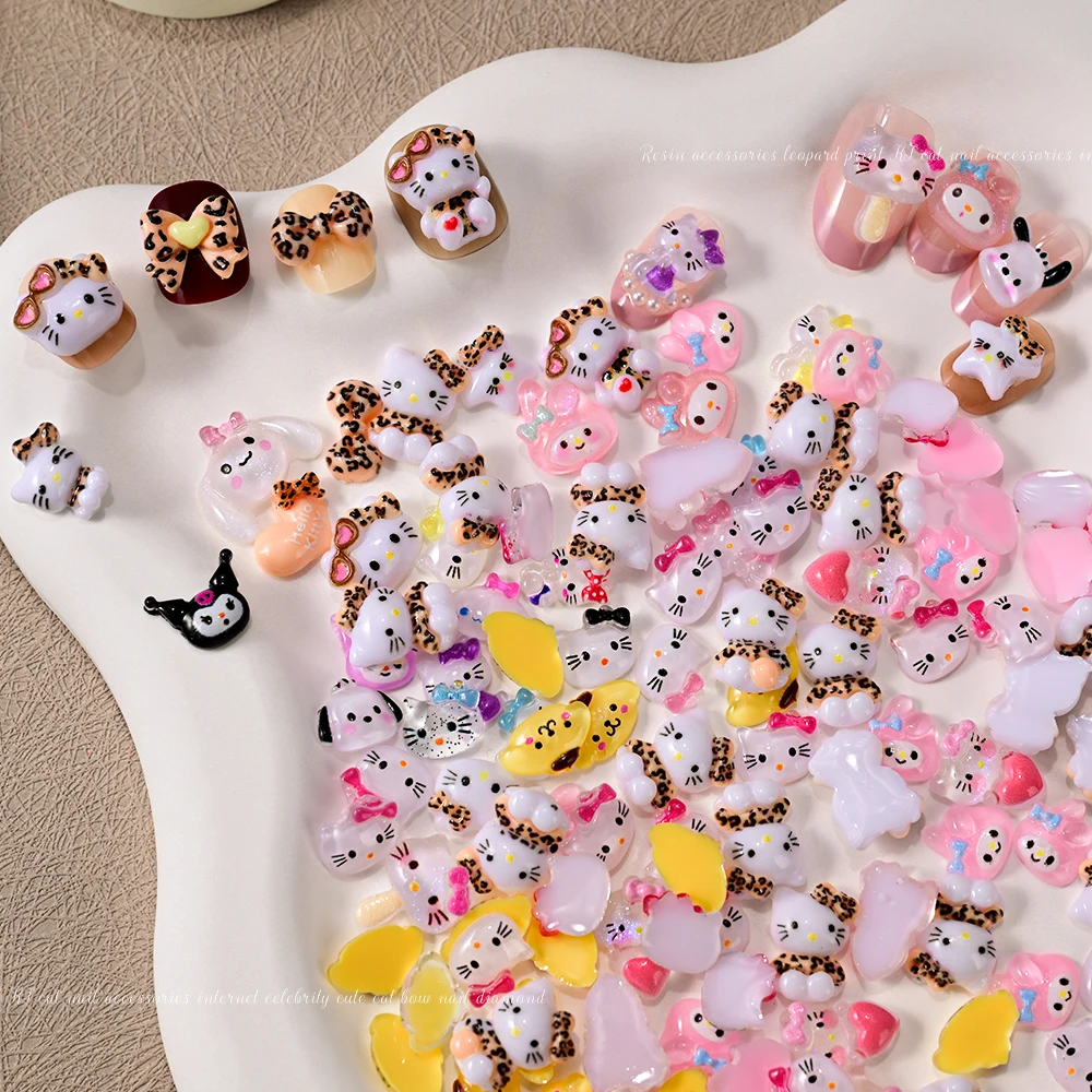 50pcs Mini Leopard Hello Kitty Nail Charms 3D Leopard Print Ribbon Bow DIY Accessorie Pochacco Fashion Sanrio Cartoon Nails Deco 4
