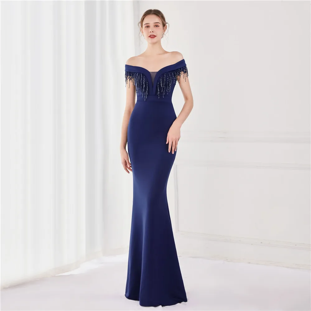 

Long Navy Blue Evening Dress Boat Neck Off The Shoulder Beading Satin Mermaid Formal Occasion Gowns For Women Party Dropshipping