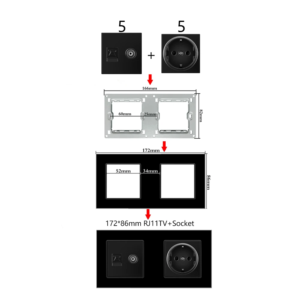 UBARO 172*86mm EU 유리 패널 벽 소켓 RJ45/RJ11/TV/Usb 5V 2A 약한 현재 플러그 홈 전기 콘센트 Ac110-250V 16A