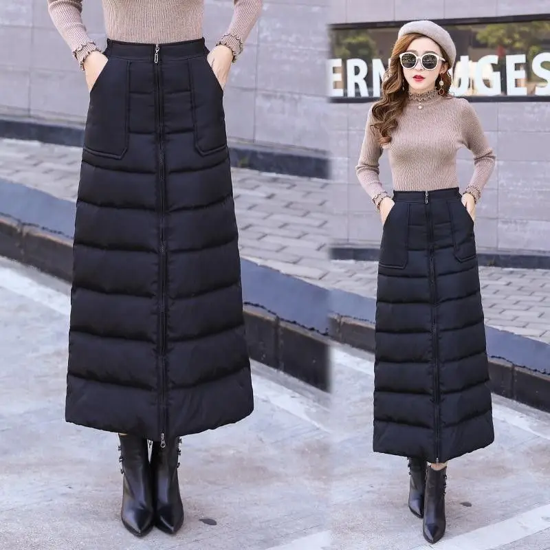 Winter Windproof Warm Zipper down Cotton f Skirt Faionable Long f Skirt plus Size Winter Skirt High Waist A-Line Skirt