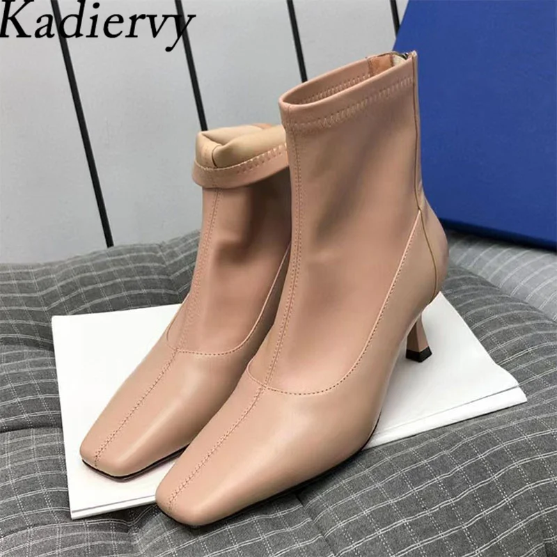 

Sexy High Heels Ankle Boots For Women Genuine Leather Stretch Boots Square Toe Runway Shoes Woman Autumn Short Boots Woman