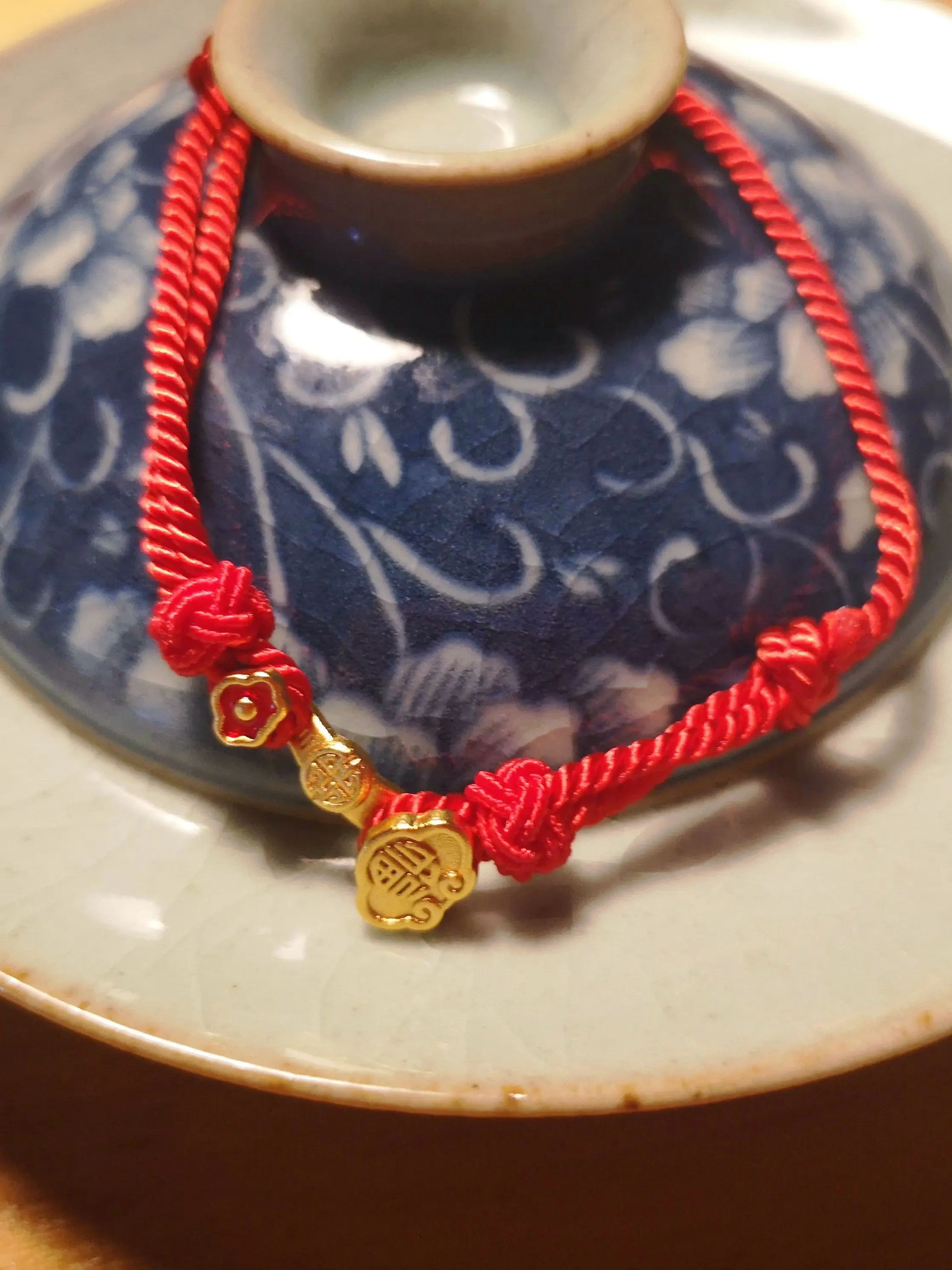 Chinese Traditional Fortune Golden Color Ruyi Red Wrist