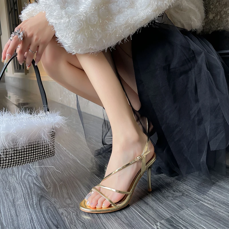 

9cm Heeled Sandals Silver Belt High Heels Sexy Women Sandals Summer Ladies Office Shoes Gold Stiletto Sandalias Mujer