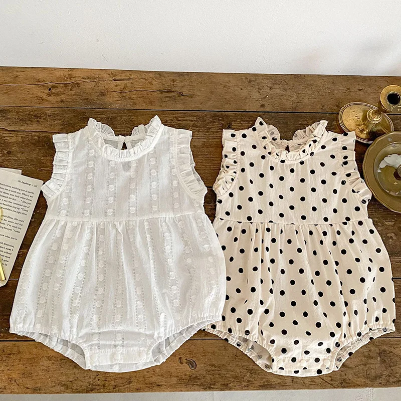 

Korean Style Infant Baby Girl Bodysuits Sleeveless Cotton Dot Printing Toddler Baby Girls Jumpsuit Baby Girls Clothes For Summer