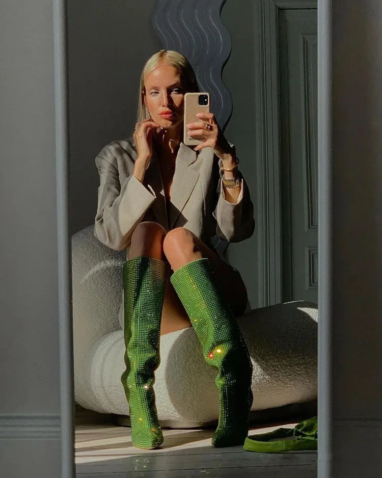 Bling Bling Full Rhinestone Upper Stiletto Knee High Boots Muticolor Slip-On Loose Sexy Shiny Dress Party High Heel Shoes