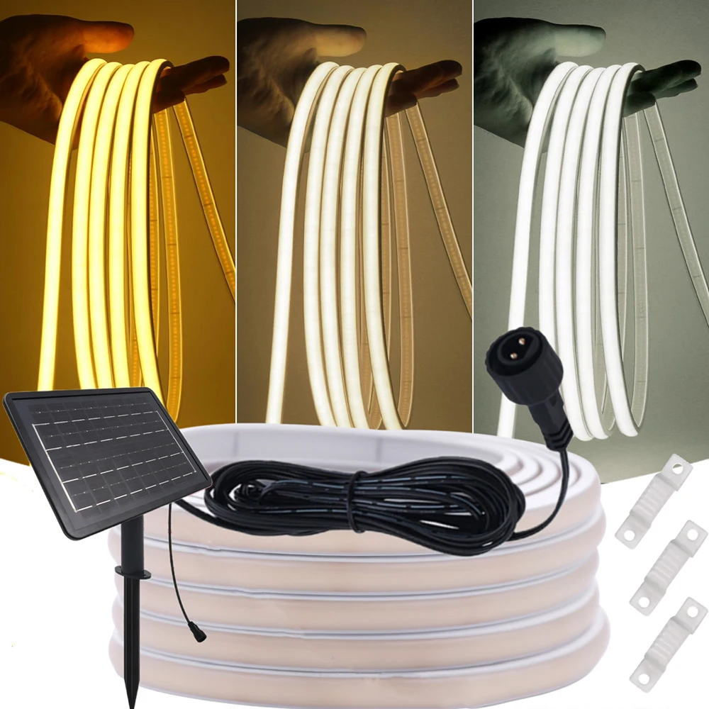 24V 방수 COB LED 태양광 스트립 네온 라이트 320LED/m 유연한 로프 라이트 따뜻한 자연광 마당 야외 가정 조명