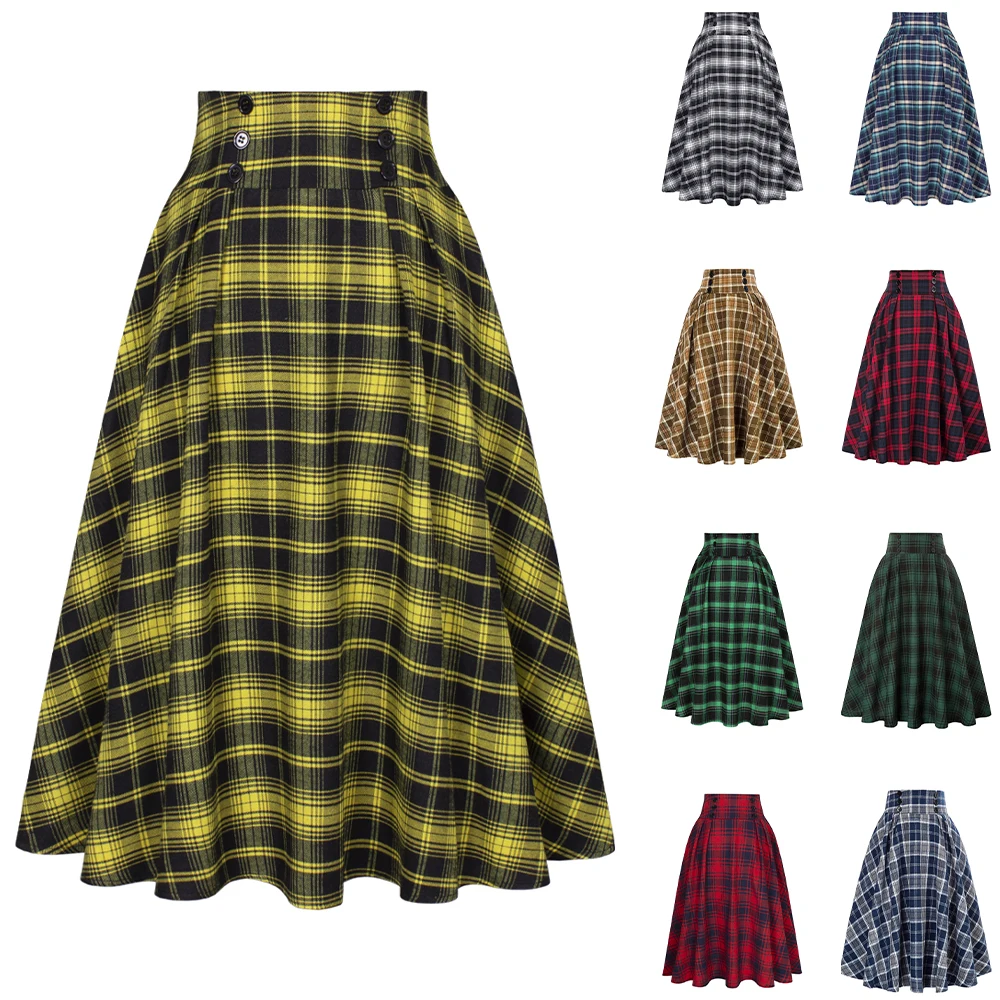 Midi Skirt Yellow Plaid Skirt 9mm 2023 New Fashion Buttons Black