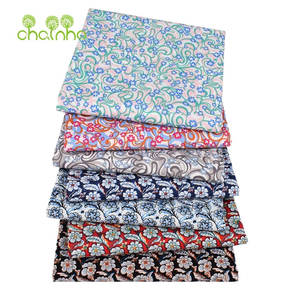 Chainho,Printed Plain Weave Poplin Cotton Fabric,DIY Sewing Quilting Material,Patchwork Cloth,Flower Series,4 Sizes,PCC73