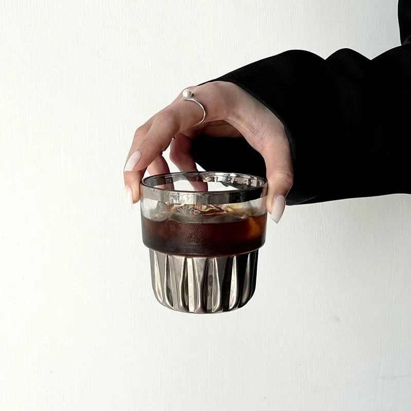 American Coffee Glass Cups Creative Vertical Pattern Water Cup Silver Milk Glasses Cold Brew Coffee Juice Cups Drinkware Tools