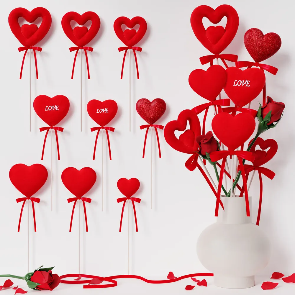 

6/12pcs Valentine's Day Red Heart-shaped Cuttings Picks Proposal Engagement Home Decor Ornaments Wedding Gifts
