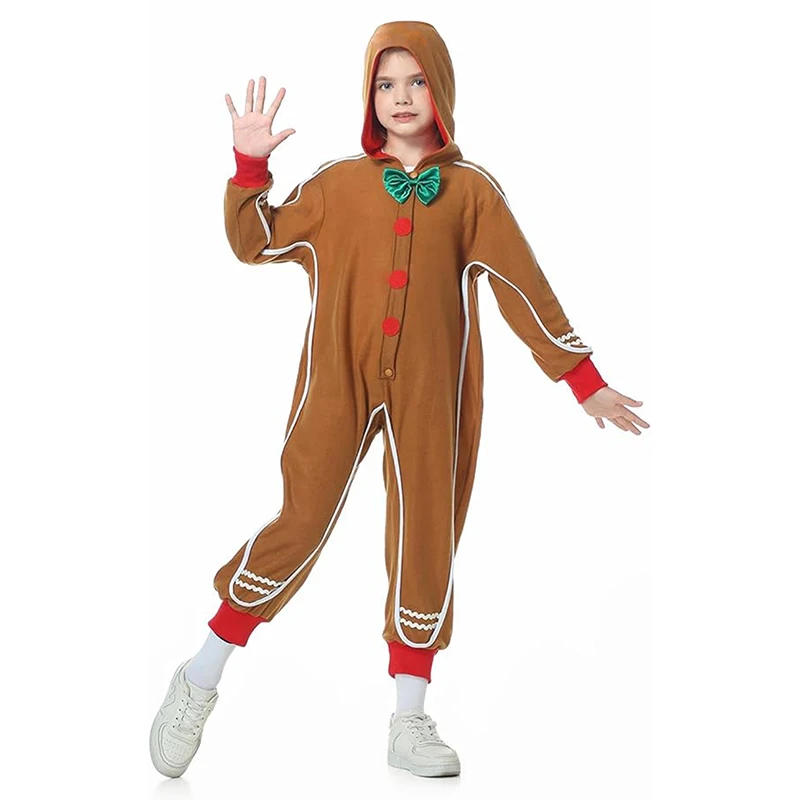 Christmas Gingerbread Costume for Kids Deluxe Long Sleeve Bowtie Jumpsuit Holiday Cosplay Outfit