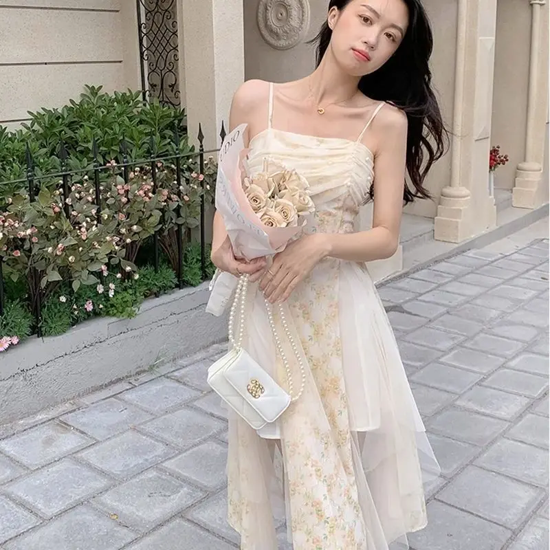 Sleeveless Long Dresses Women A-line Summer Floral Printed Lace Irreegular  Korean Fashion Fairy Elegant Sweet Holiday Vestidos - AliExpress 200000345