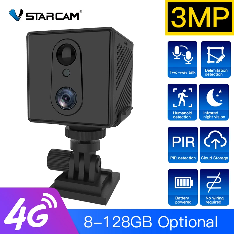 Vstarcam 4G Sim Card Mini Camera 3Mp 1080P Monitoraggio Wireless Visione Notturna Hd Ricaricabile 3000Mah Telecamera Ip Wifi Alimentata A Batteria