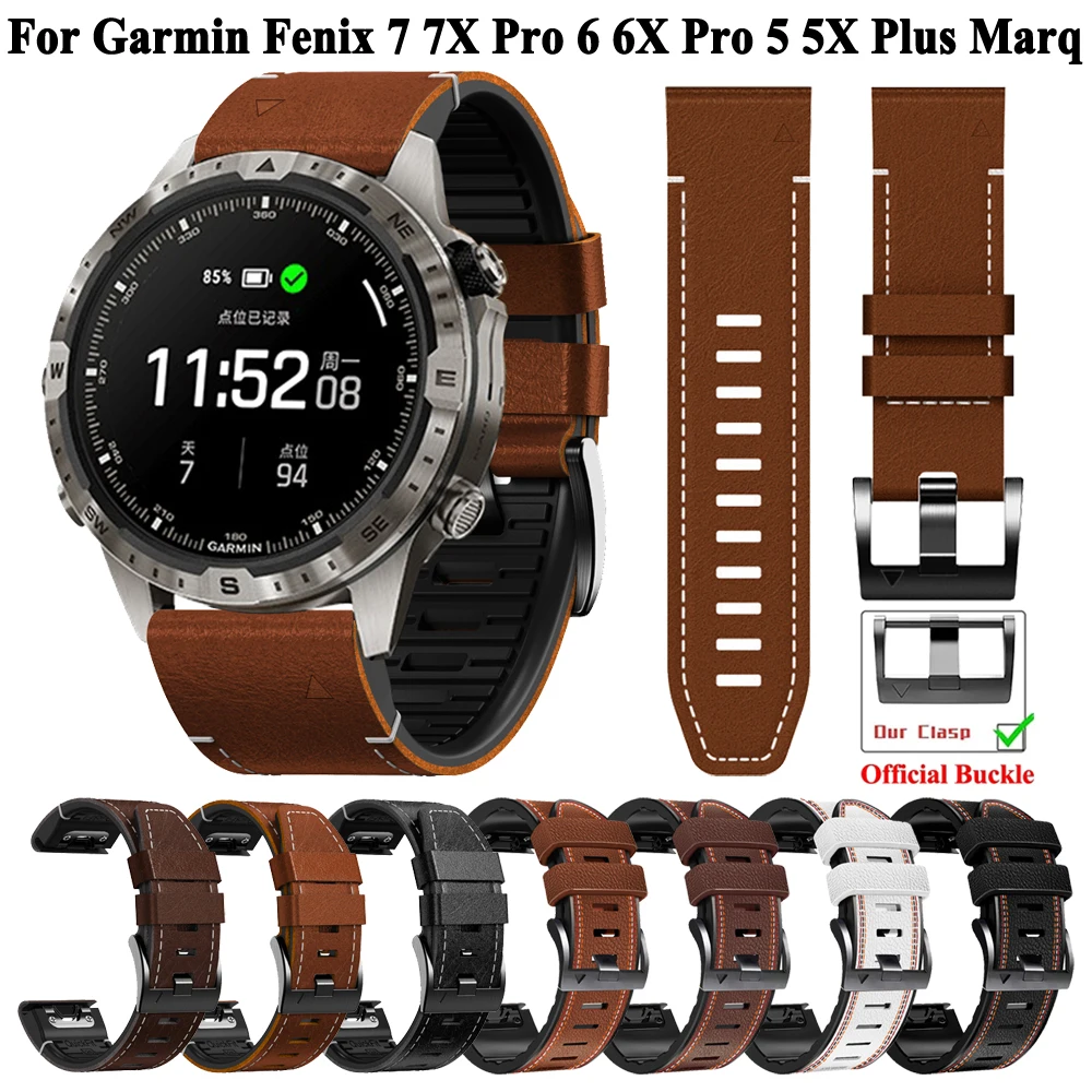 

26mm 22mm Leather+Silicone Smartwatch Strap For Garmin Fenix 7 7X Pro 6X 6 Pro 5 5X Plus Epix Pro 51mm Marq 2 Wristband Bracelet