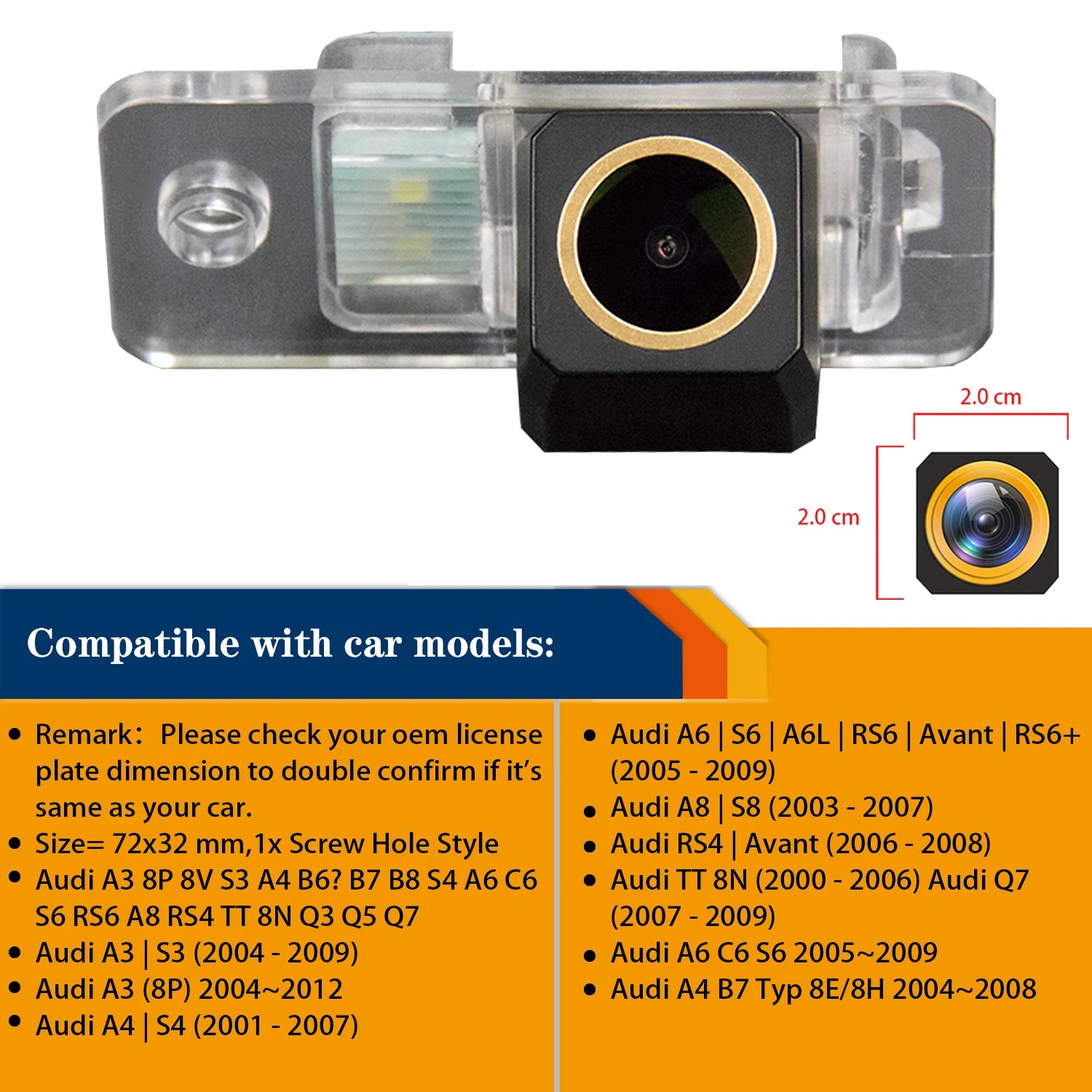 

HD 1280* 720p Rear View Camera for Audi A3 S3 8P 8V A4 S4 A5 B6 B7 B8 8K 8H 8E Audi Q7 A6 A6L C6 C7 S6 4F 4G,Night Vision Camera