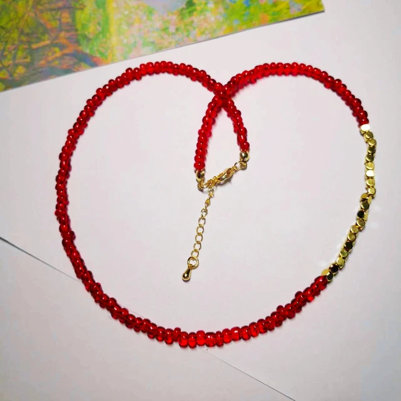 

Original Hand-Made Glass Beaded Necklace Niche Design Premium Clavicle Chain Red Folded Pendant Choker Women's New Year Jewelry