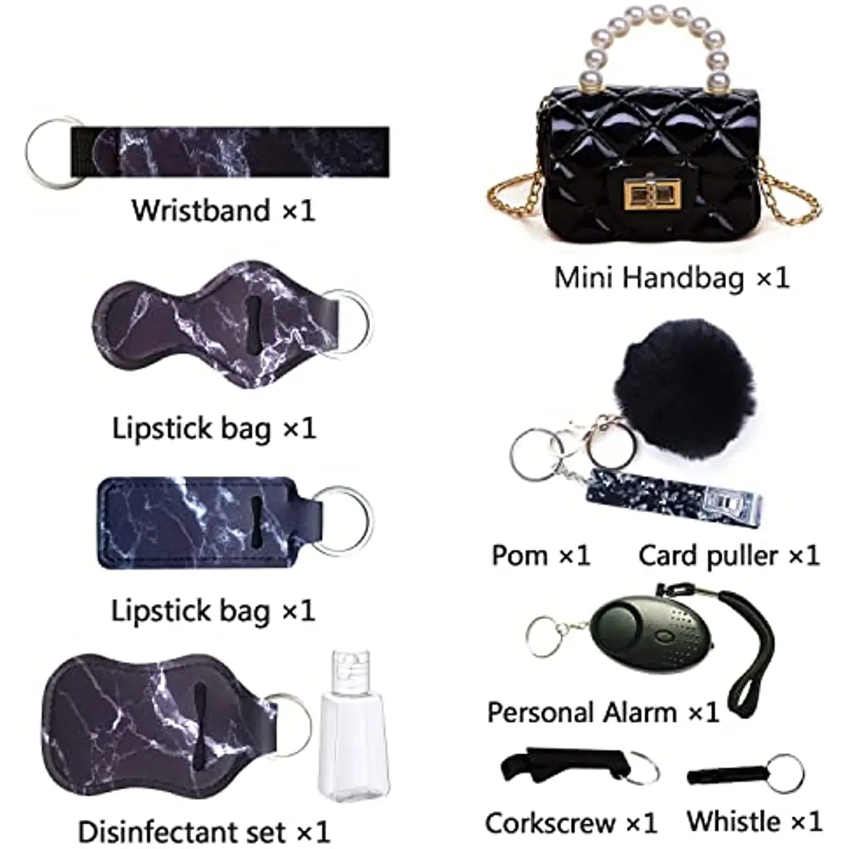 Keychain Holder Decoration with Mini Handbag Personal Alarm Card Trigger Wristband Key Chains Accessories with Pompom