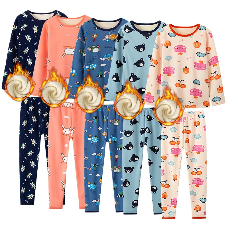 2 pieces of children's autumn and winter plus velvet warm fashion printed long-sleeved trousers suit boys and girls pajamas unde children underwear suits children clothes