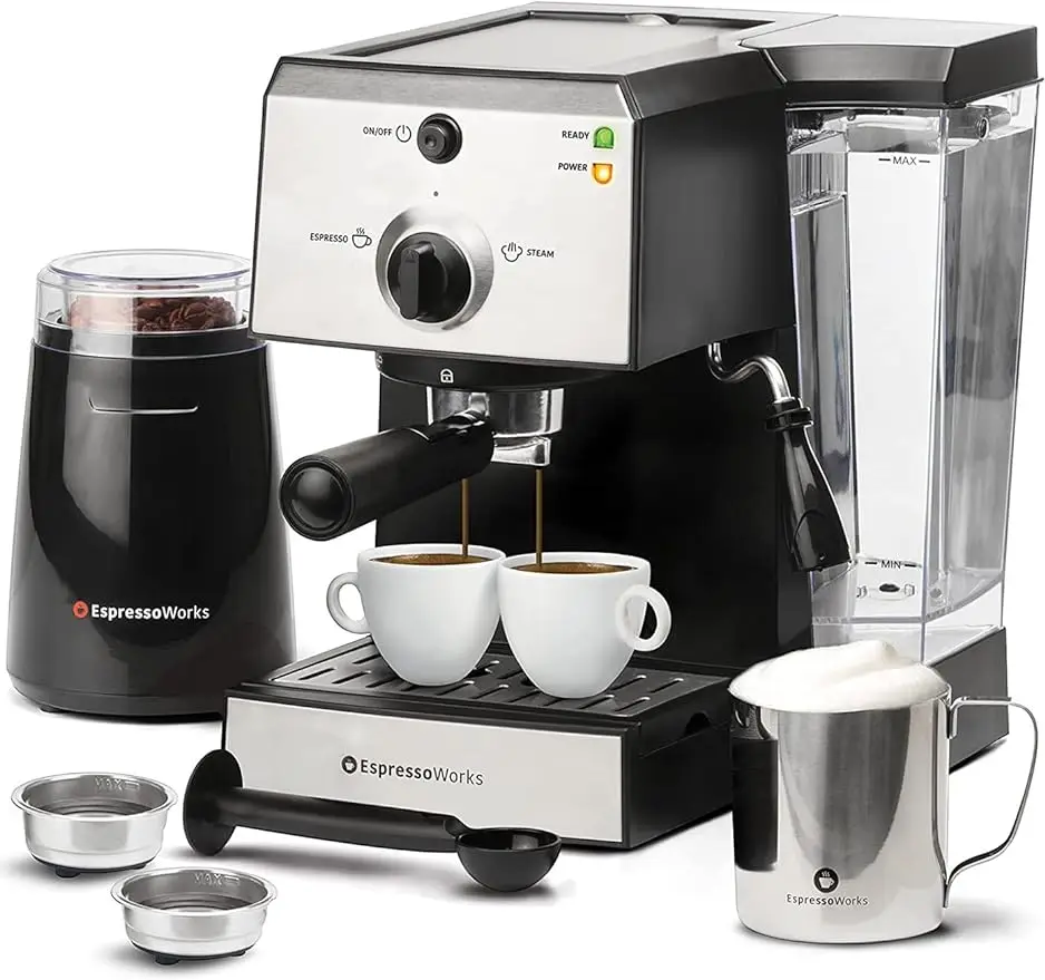 

All-In-One Espresso Machine with Milk Frother 7-Piece Set - Latte Maker Includes Grinder, Frothing Pitcher, Cups,