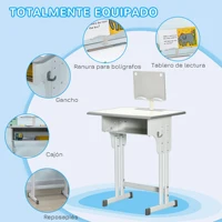 Ensemble bureau et chaise pour enfants Homcom pour les plus de 6 ans, hauteur réglable avec 1 tiroir et étagère à livres 60X45X90-102 cm Gris 4