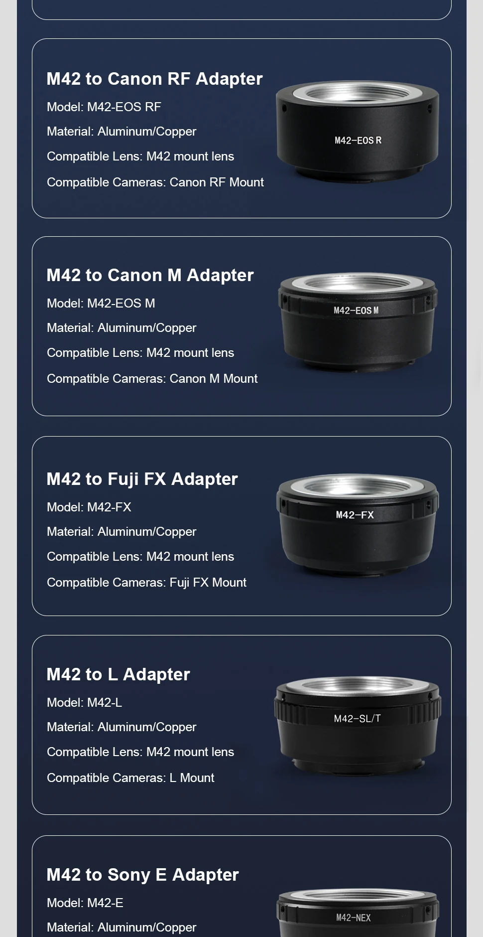 M42 Kameraobjektiv-Adapter-Konverter für M42-Mount-Objektiv an Sony E Canon EOSR EF EOSM Nikon F Z Fuji X Olympus L SLR DSLR – Detail 5