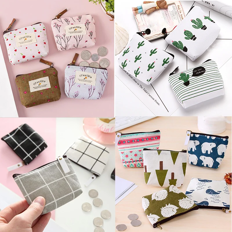 Cute Coin Purses Small Fresh Casual Coin Wallet Lady Fashion Flower Animal Pattern Cartoon Earphone Key Money Storage Bag