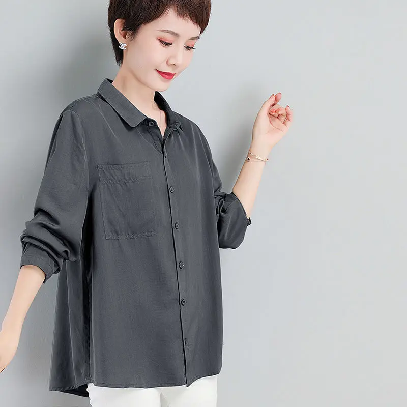 

Women Shirts and Blouses 2023 Feminine Blouse Top Long Sleeve Casual Grey Turn-down Collar OL Style Women Loose Blouses B191