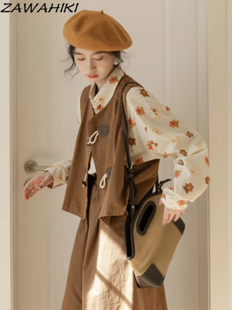 

ZAWAHIKI Autumn Korean Solid Color French Vintage Sleeveless Vest +Minimalist Long Skirt + Long Sleeve Loose Cartoon Print Shirt