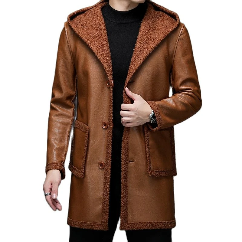 Reversible mens fall/winter fleece faux leather trench coat/long thick  hooded casual men stitching faux leather long trench coat|Faux Leather Coats|  - AliExpress
