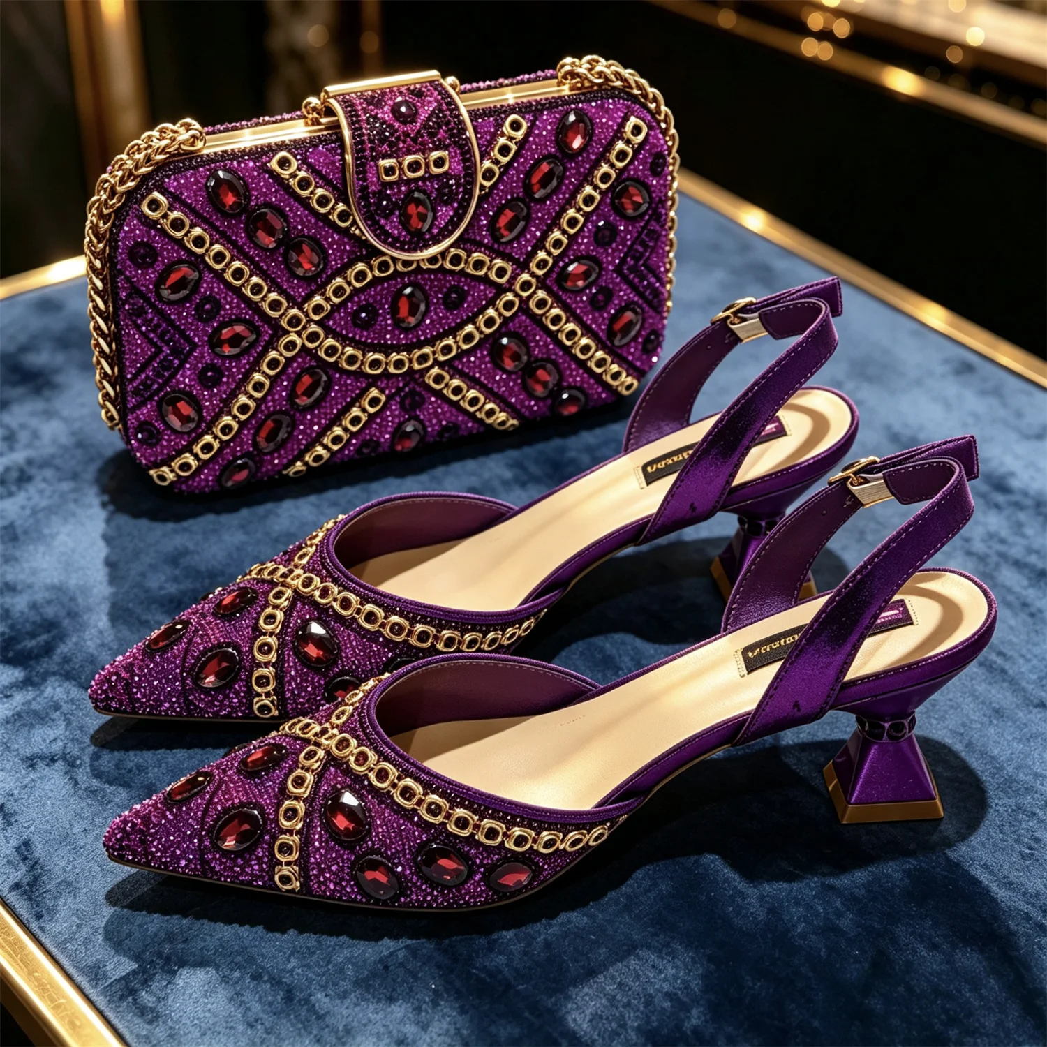 Elegant Wine Color Rhinestone & Pearl Slingback Heels with Matching Top Handle Handbag Set for Women - Formal Wedding & Prom