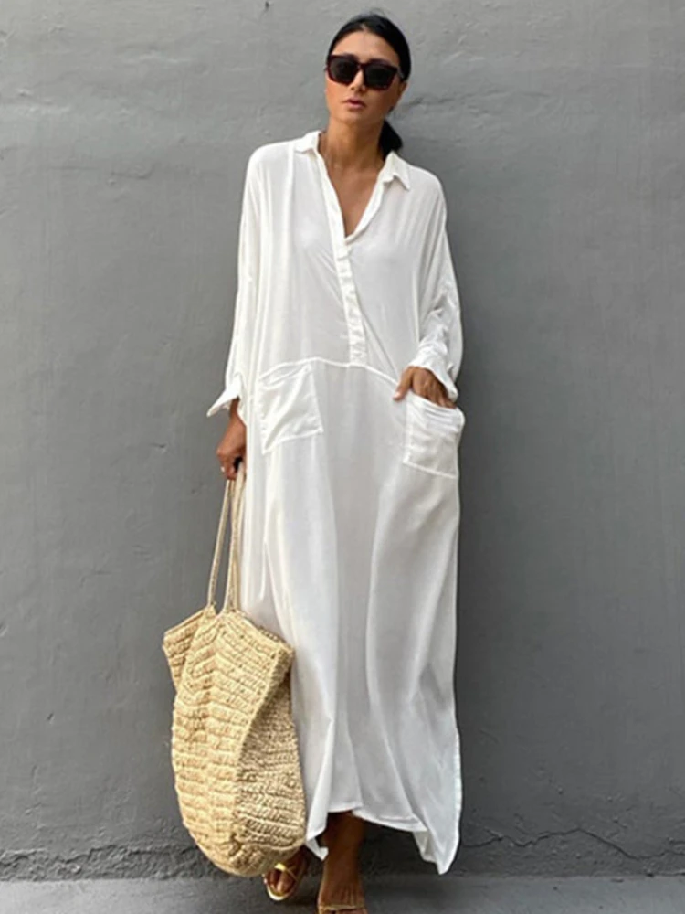 Swimsuit Cover Up White Maxi Beach Dresses Kaftan Kimono Elegant Pocket Loose Summer Tunic Beachwear Bathing Suits 1
