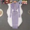 French Knitted Long Dress Slim Fit Autumn Winter Fashion Button Waist Belt High Waist round Neck Sleeve Length High Quality F...