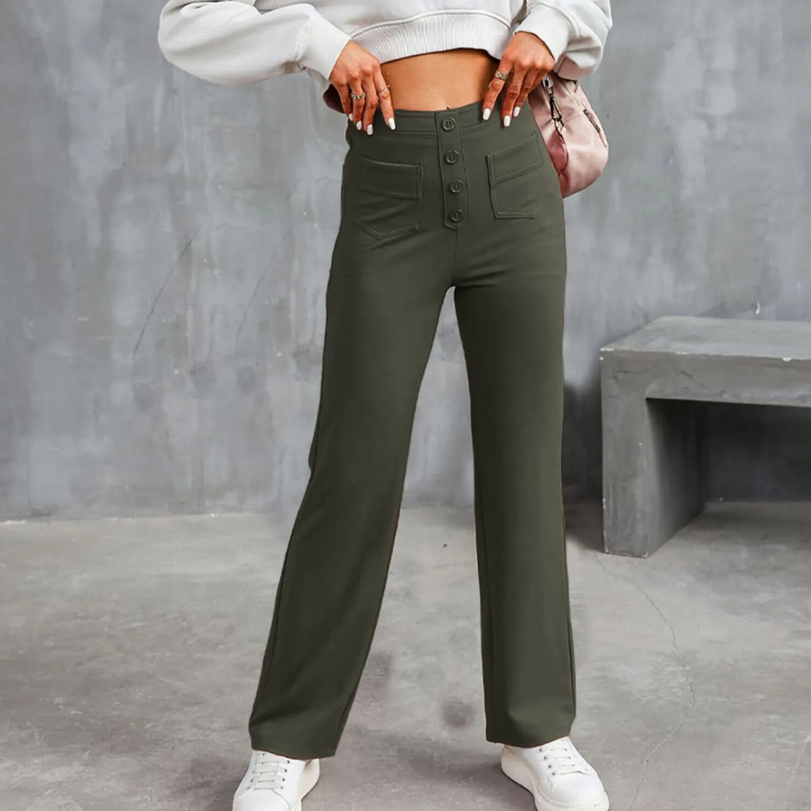 

Women'S Casual Straight Leg Pants High Waisted Button Down Stretchy Business Work Trousers With Multiple Pockets Street Style