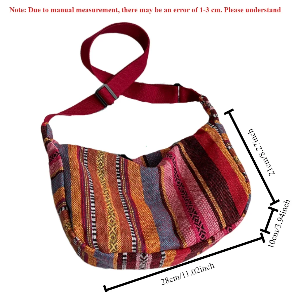 Tribal Style Shoulder Bag, Foldable Crossbody with Zipper Closure, Striped Pattern, Flag Theme Hand Washable Edge Painted Lining