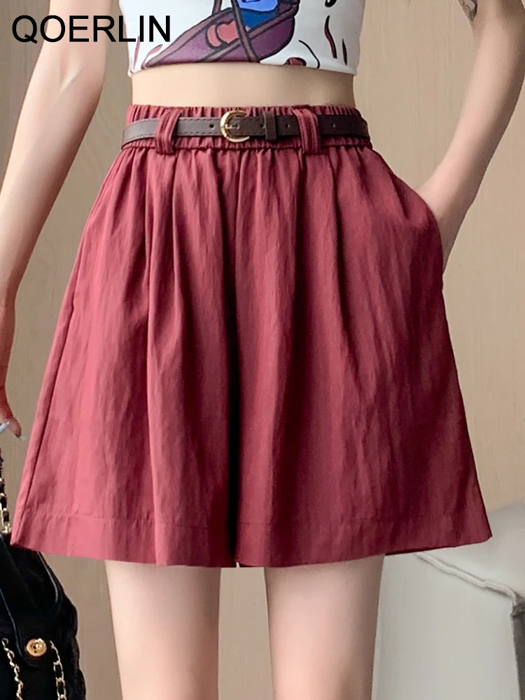 QOERLIN with Belt Elastic Waist Shorts Loose Casual High Waist Shorts Female Summer Wide Leg Bermudas Streetwear Thin Hot Pants
