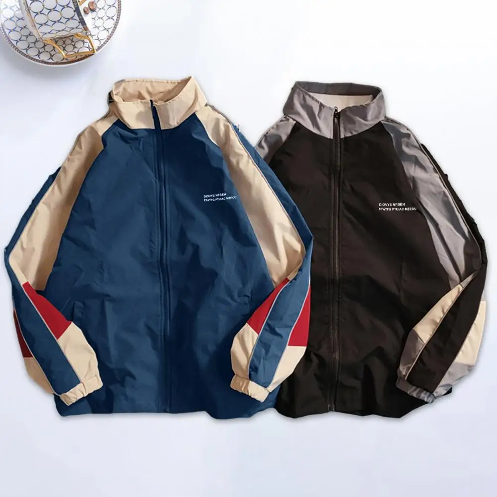 Loose Fit Coat Vintage Color Block Men's Jacket with Zipper Closure Stand Collar for Windproof Streetwear Style in Spring Fall